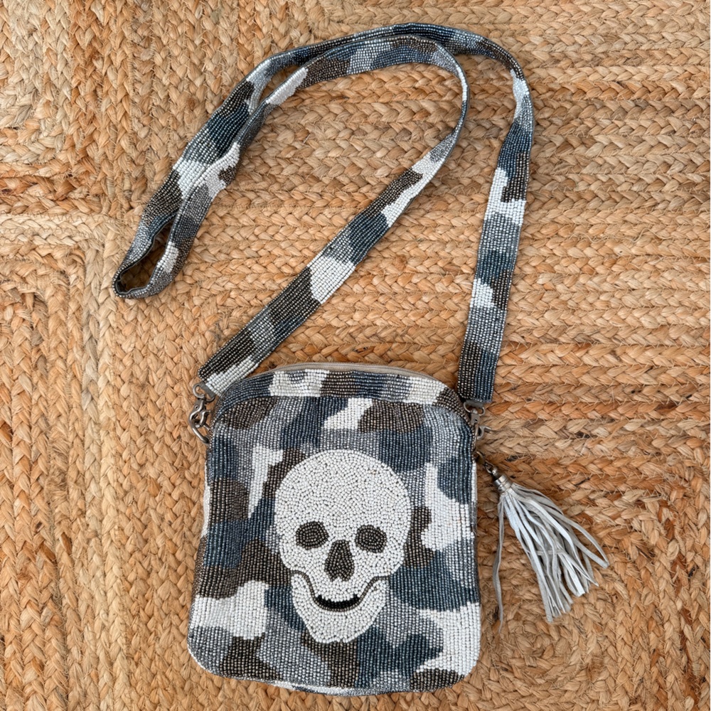 Moyna Skull Beaded Crossbody Bag - Black and White